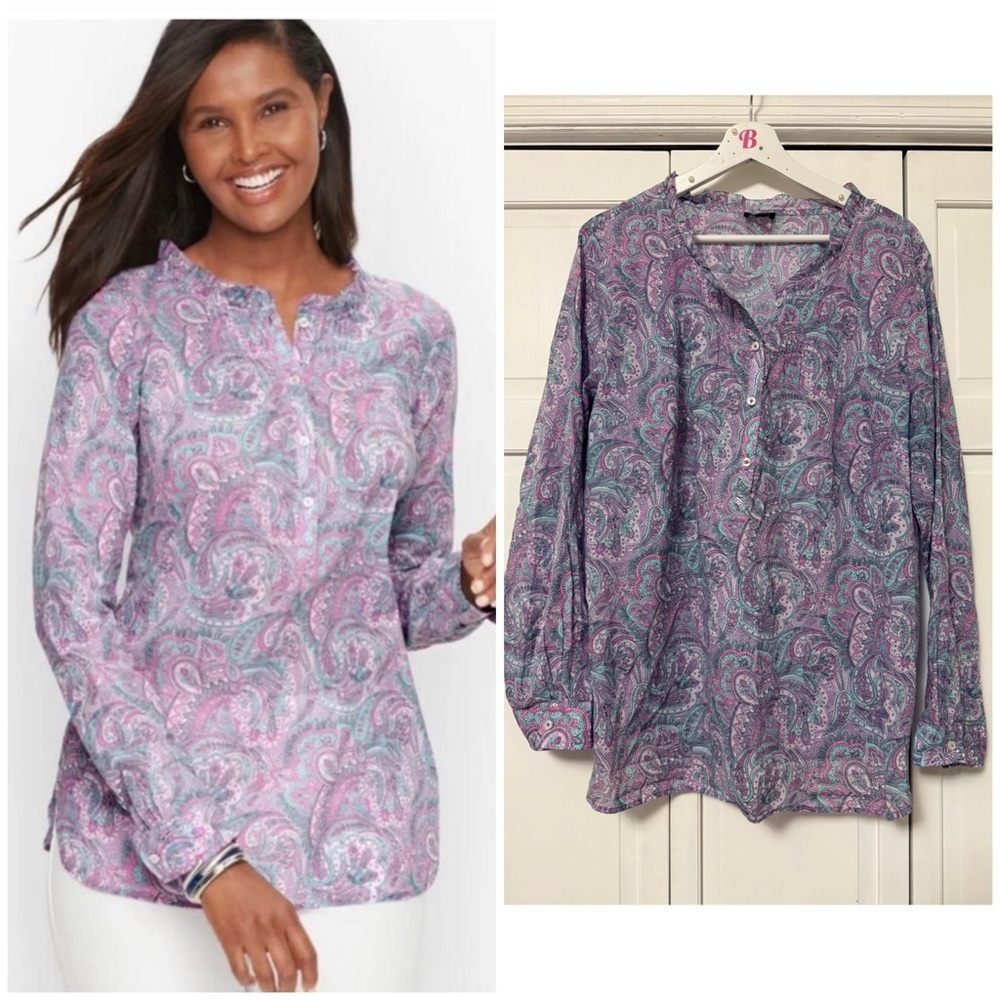 Talbots Pastel Pink and Purple Paisley Blouse 100% Cotton Cottagecore XL Mature